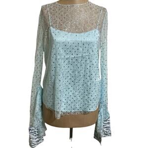 Anais Jourden Blouse Blue Sequin Lace Sheer Ruffle Long Sleeve New